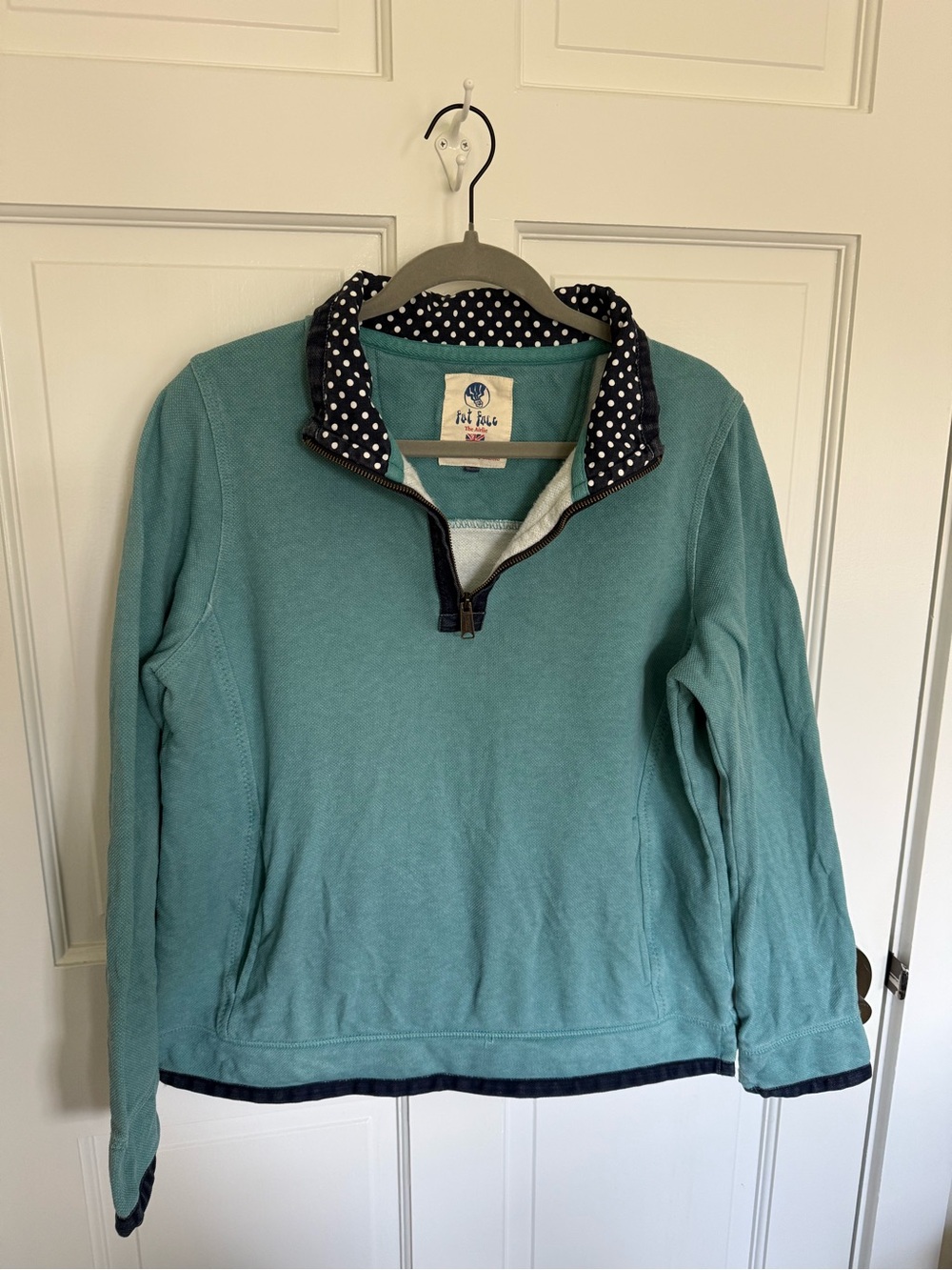Fat Face Teal Airlie 1/4 Zip Pullover with Polka Dot Trim